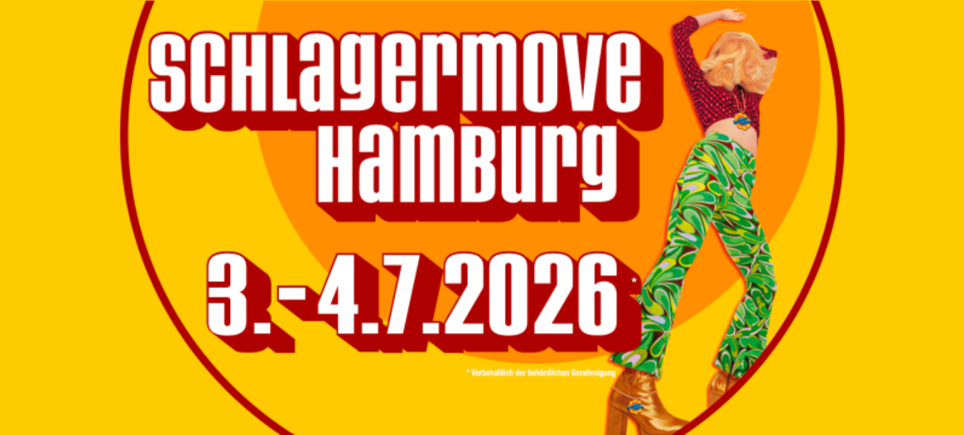 Schlagermove Hamburg 3.-4.7.2026, rechts tanzt eine Frau in bunter Retro-Kleidung und Plateauschuhen.