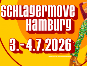Schlagermove Hamburg 3.-4.7.2026, rechts tanzt eine Frau in bunter Retro-Kleidung und Plateauschuhen.