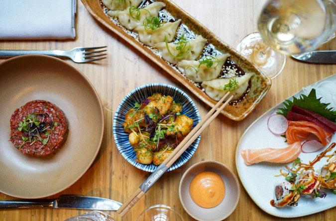 A top view of assorted Asian dishes including dumplings, sashimi, tartare, fried food, and dipping sauce on a wooden table.