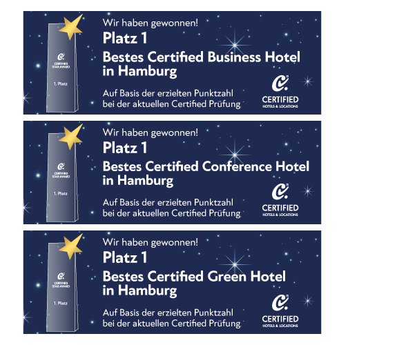 Drei Award-Banner für ein Hamburger Hotel: Bestes Business-, Konferenz- und Green Hotel, jeweils mit Stern- und Trophäen-Symbol auf dunkelblauem Hintergrund.