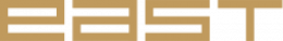 Das Bild zeigt das Wort „East“ in Kleinbuchstaben in einer fetten, geometrischen Schriftart in Goldfarbe auf weißem Hintergrund.