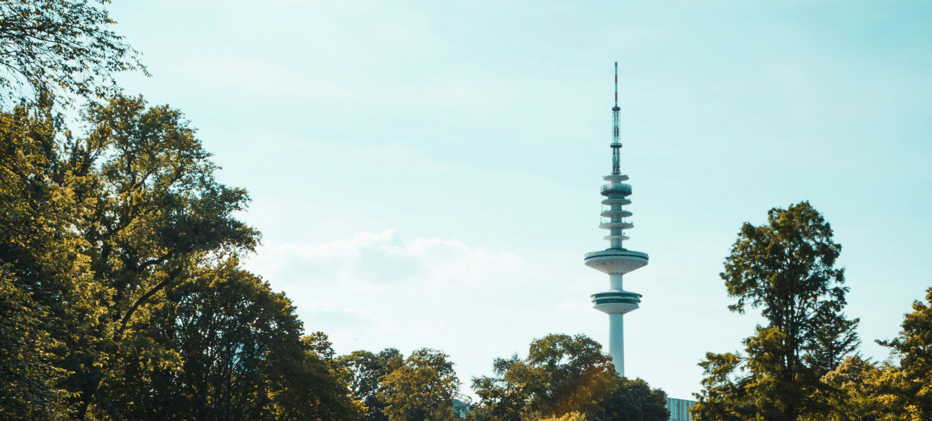 Hinter üppigen Bäumen und einem ruhigen Teich erhebt sich unter einem blauen Himmel mit vereinzelten Wolken ein hoher Fernsehturm.