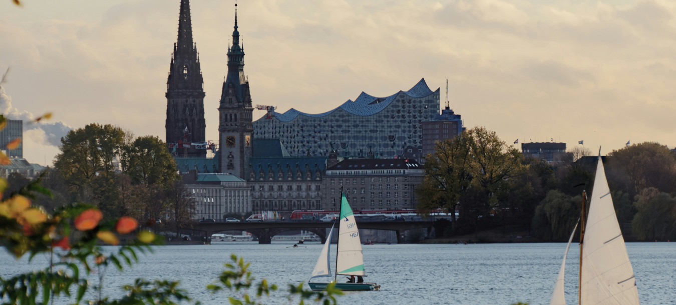 Sailboats on a lake with historic buildings and church towers in the background, framed by leafy branches.