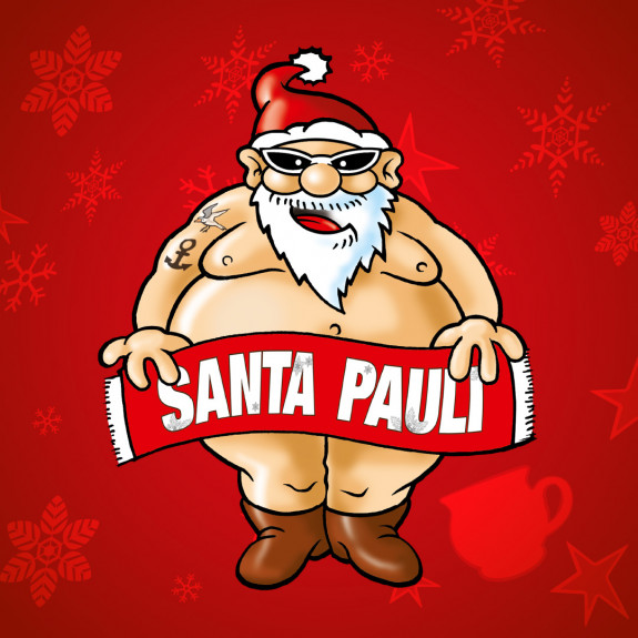 Cartoon-Weihnachtsmann, der nur Stiefel und eine Weihnachtsmannmütze trägt und einen Santa-Pauli-Schal auf einem roten Hintergrund mit Schneeflocken hält.